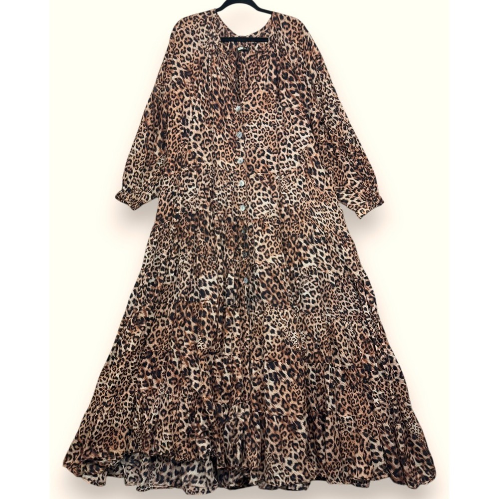 Erika Pena Maxi Dress Womens O/S Brown Leopard Ella Tiered Cotton Voile Boho